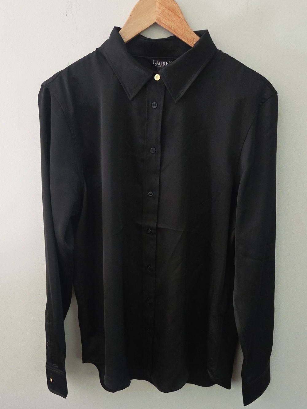 NWT Lauren Ralph Lauren Black Satin Long-Sleeve Dress Shirt